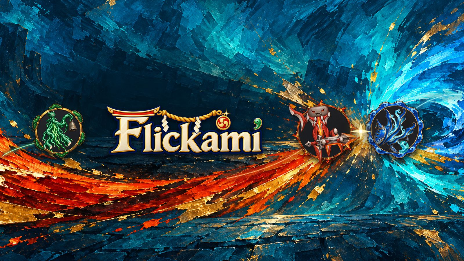 Flickami のロゴと、ぶつかり合う炎と水のメダル